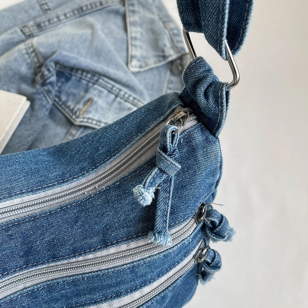 Women Casual Large Capacity Denim Messenger Bag Adjustable Strap