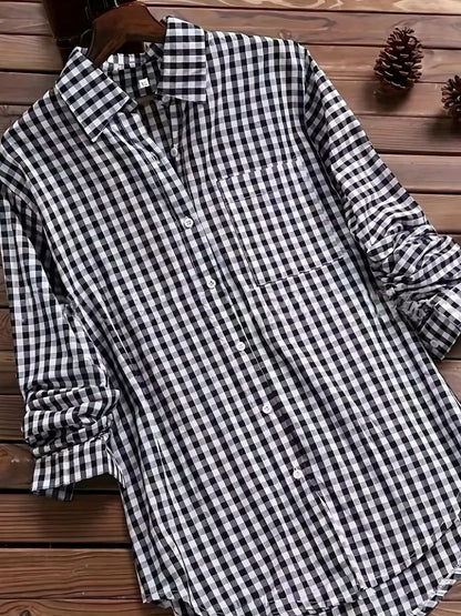 2025 New Gingham Turn-Down Collar Long Sleeve Shirt