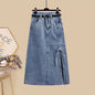 Women's Summer New Casual Spliced Half Sleeved Shirt+Sexy Split Denim Skirt Two Piece French Vintage Cardigan+Dress Matching Set