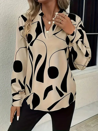 Plus Size Autumn New Women's Casual Graphic Print Notched Neck Blouse