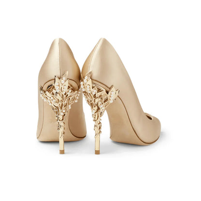 Luxury Leaves Metal Heel Women Shoes Pointed Toe Blue White Pink Black Silk Stiletto High Heels