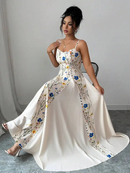 Elegant Cream Floral Print Sleeveless Maxi Dress for Spring Summer