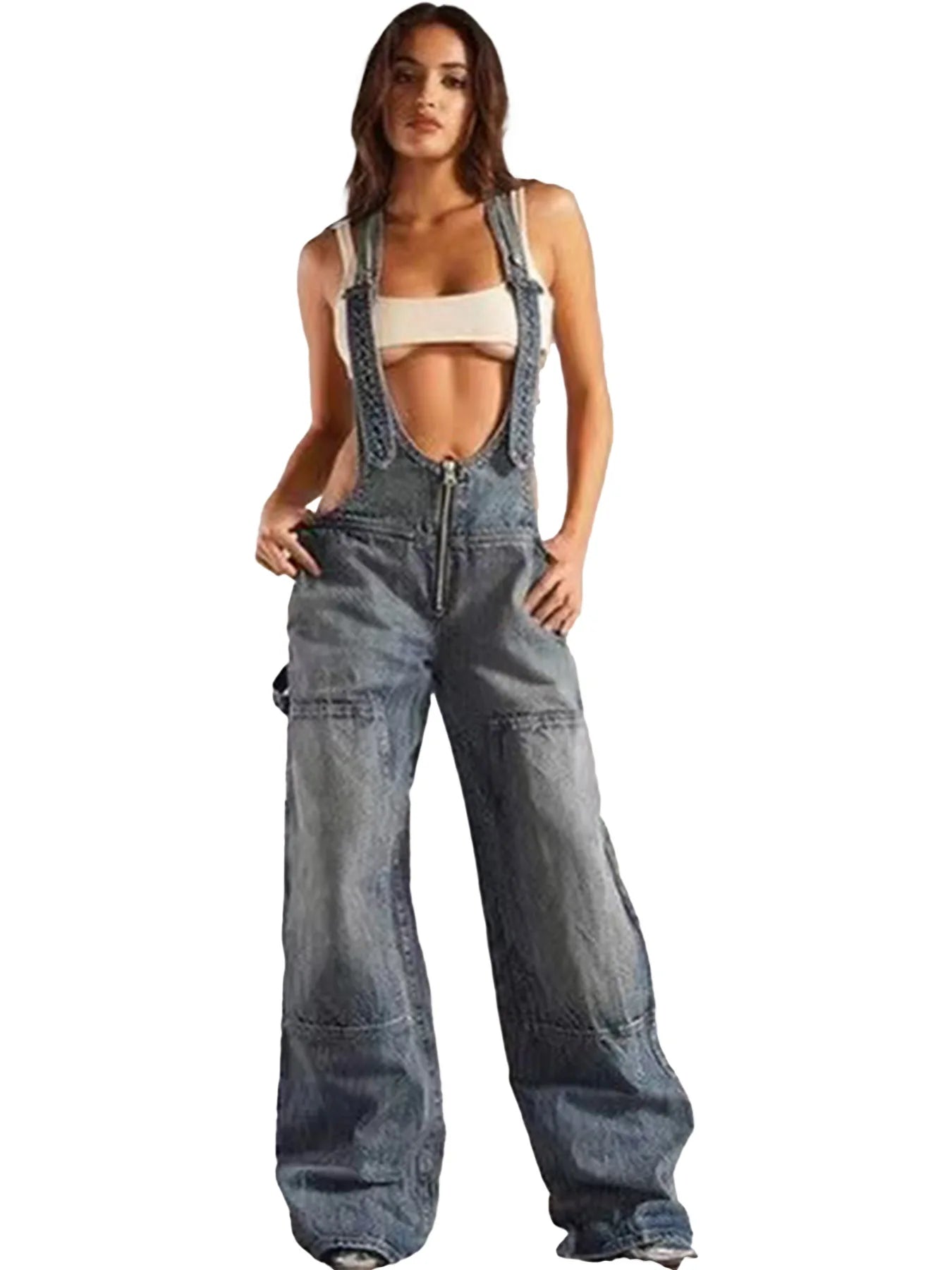 Low Waist shoulder Strap Wide Leg Jeans Low Rise Cargo Trousers with Straps