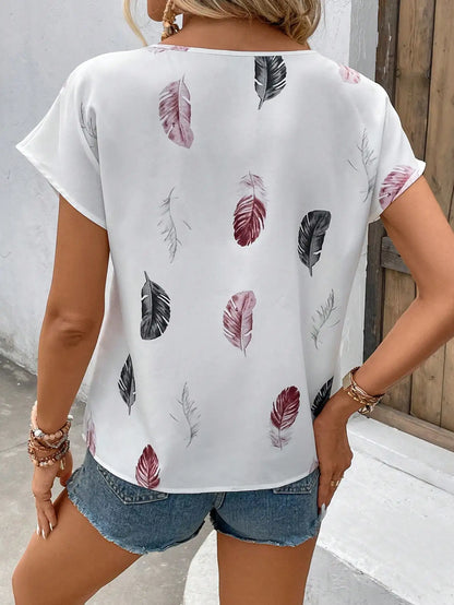 Women's Loose Feather Print Keyhole Neck Blouse, Summer Casual Top