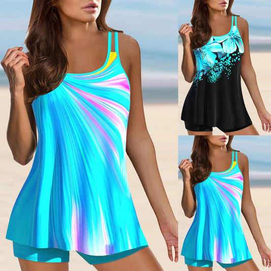 Plus Size Print Tankini Set Two Piece Swim dress Panty Bathing Suit
