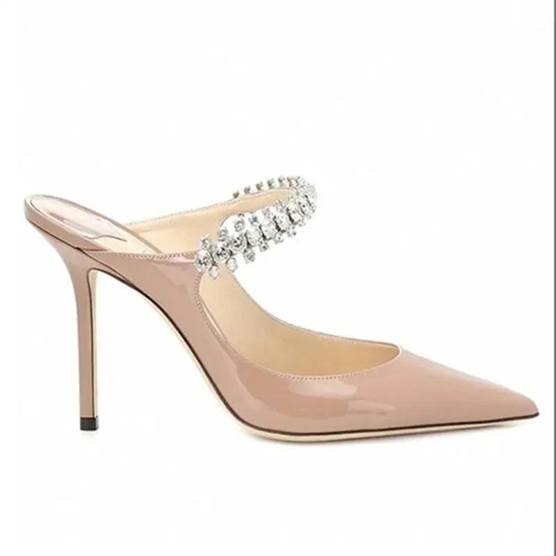 2025 New Fashionable Fine Heeled Muller Shoes with Pointed Water Diamond Chain Banquet