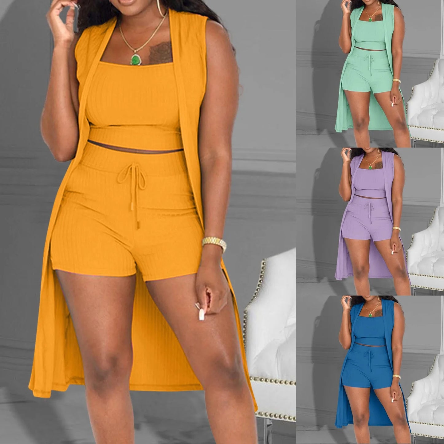 Solid Color 3 Piece Pants Set Casual Stretchy Ribbed Sleeveless Coat Vest And Shorts Suits