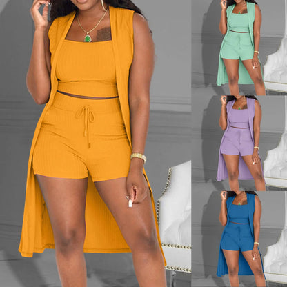 Solid Color 3 Piece Pants Set Casual Stretchy Ribbed Sleeveless Coat Vest And Shorts Suits