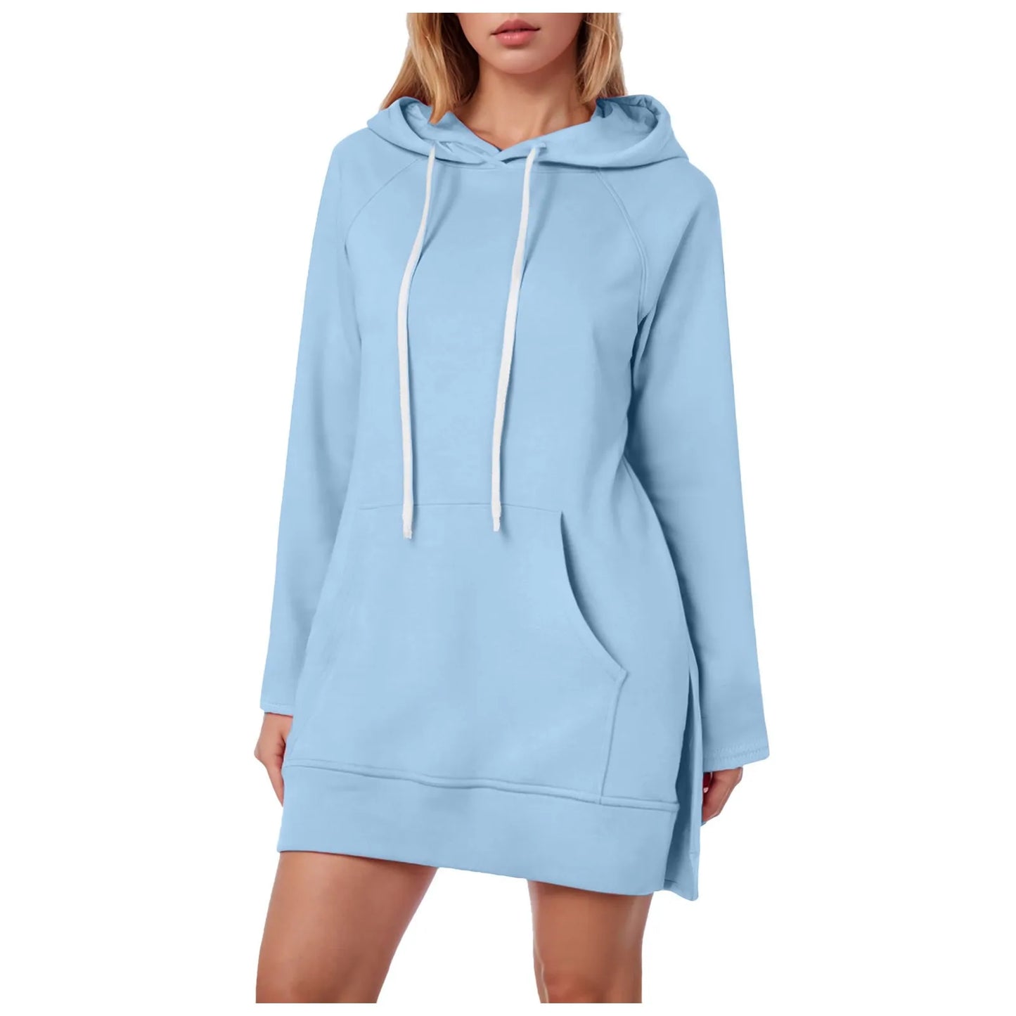 Women Solid Color Hoodie Dress Casual Loose Pullover Long Sleeve Drawstring Mid Dress with Side Slit