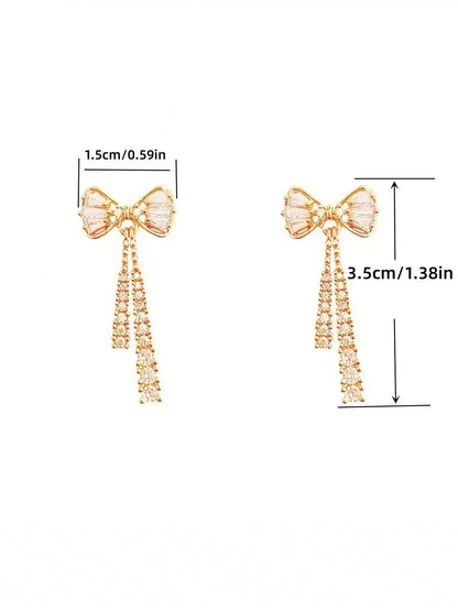 Bow Crystal Drop Earrings Sparkling Cubic Zirconia Long Tassel Earrings
