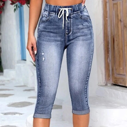 Women's Denim High Waist Slim Fit Drawstring Waistband Capri Pants
