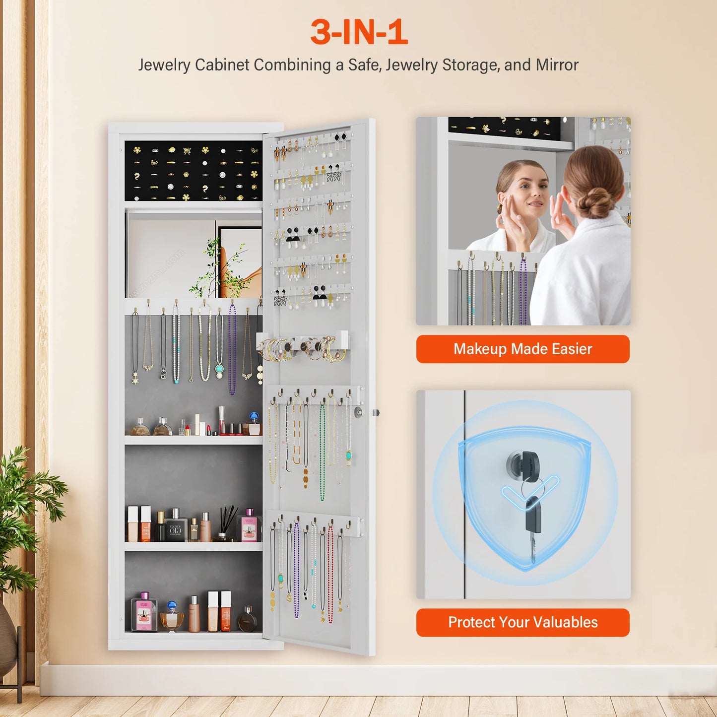 Mirror Jewelry Cabinet, 47.24" Tall Wall Mounted Jewelry Cabinet with Mirror and Light, Large Jewelry Armoire Organizer