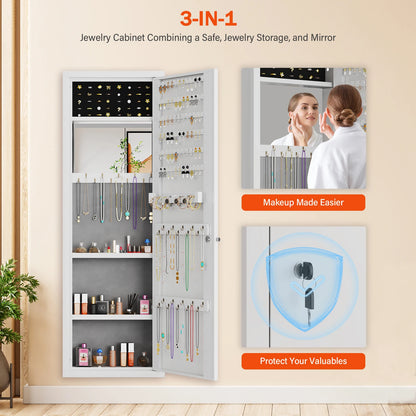 Mirror Jewelry Cabinet, 47.24" Tall Wall Mounted Jewelry Cabinet with Mirror and Light, Large Jewelry Armoire Organizer