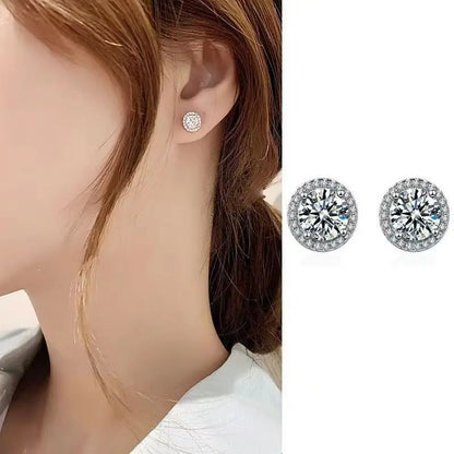 Silver Plated 925 Moissanite Stud Earrings 1 Carat Four-Prong Round Bezel Zircon