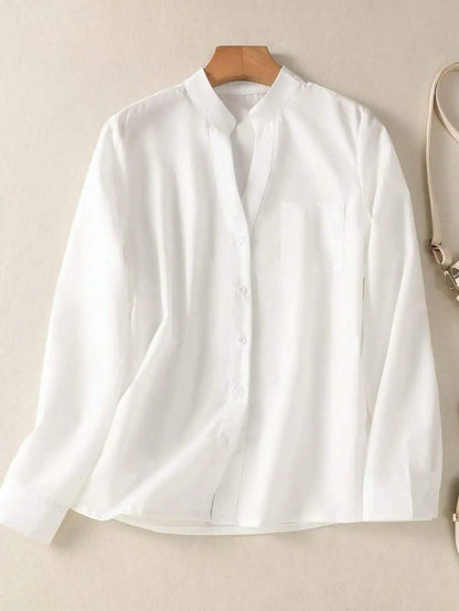 Women's White Linen Blend Button-Up Blouse with V-Neck and Chest Pocket