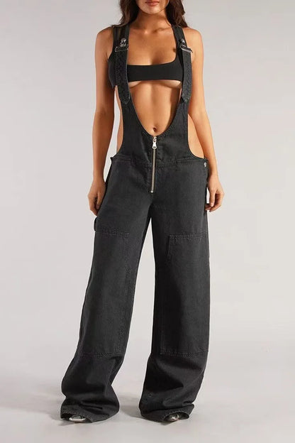 Low Waist shoulder Strap Wide Leg Jeans Low Rise Cargo Trousers with Straps