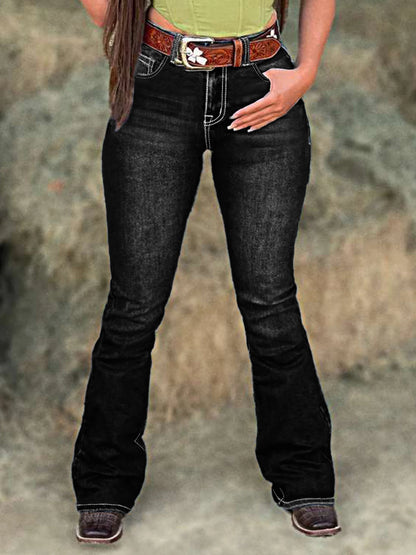 Plus-size women's high-waisted jeans with a bull's head design on the back pockets