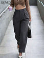 Women's Beige High Waist Straight Leg Pleated Trousers