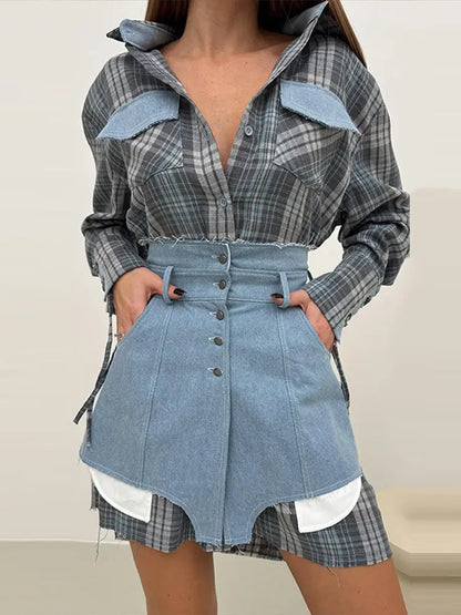 Lapel Color Blocked Shirt Waist Cinching Irregular Hem Short Skirt Set Woman Loose Long Plaid Shirt Patchwork Women Denim Suits