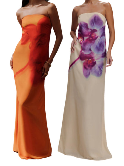 Women Long Dress Floral Print Tube Backless Casual Strapless Dress