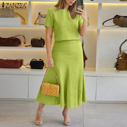 ZANZEA Fashion 2PCS Women Summer Dress Set Short Sleeve Blouse Sundress Casual Solid Outfits