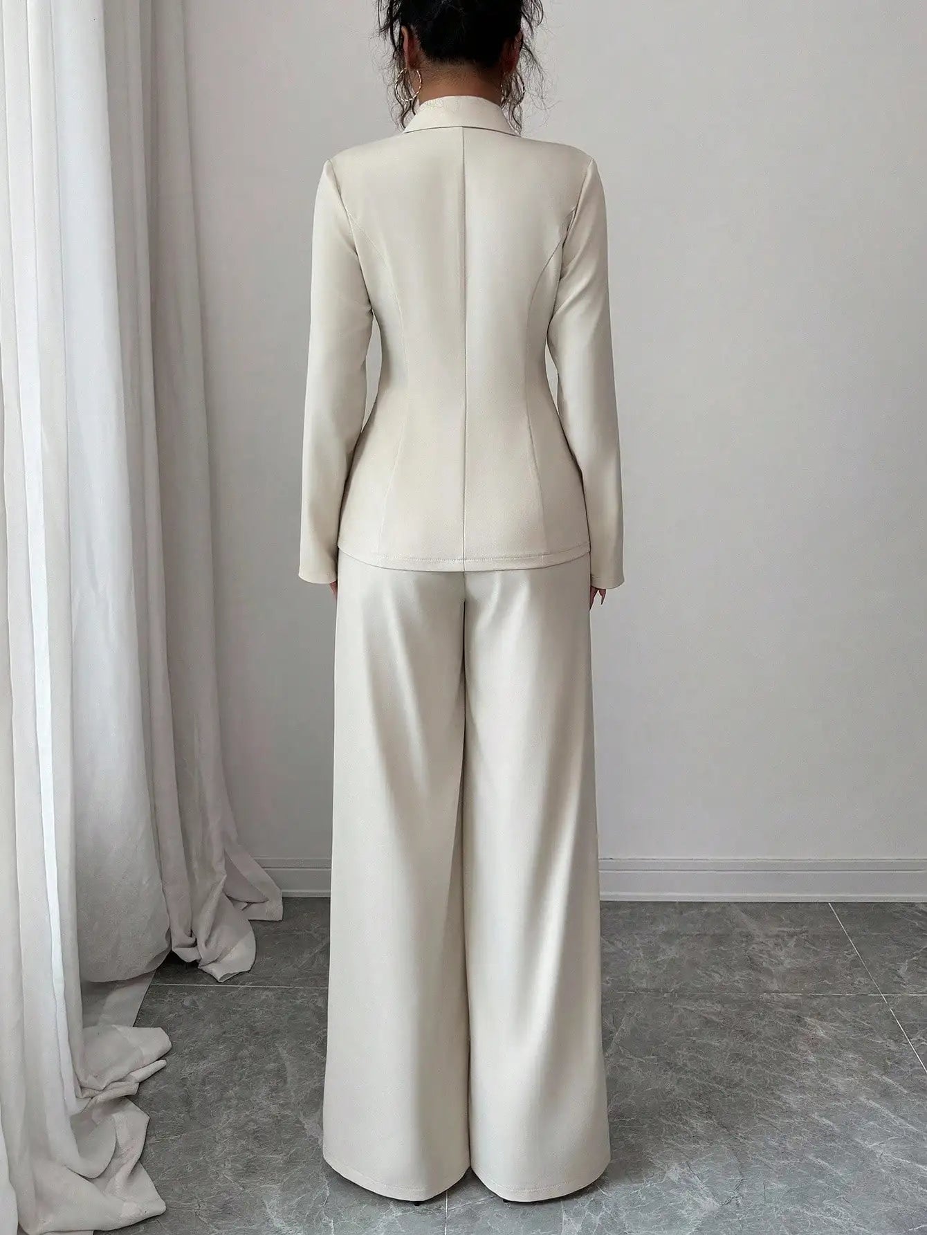 Cream Solid Color Tailored Blazer & Wide Leg Pants 2-Piece Set, V-Neck, Contrast Buttons,
