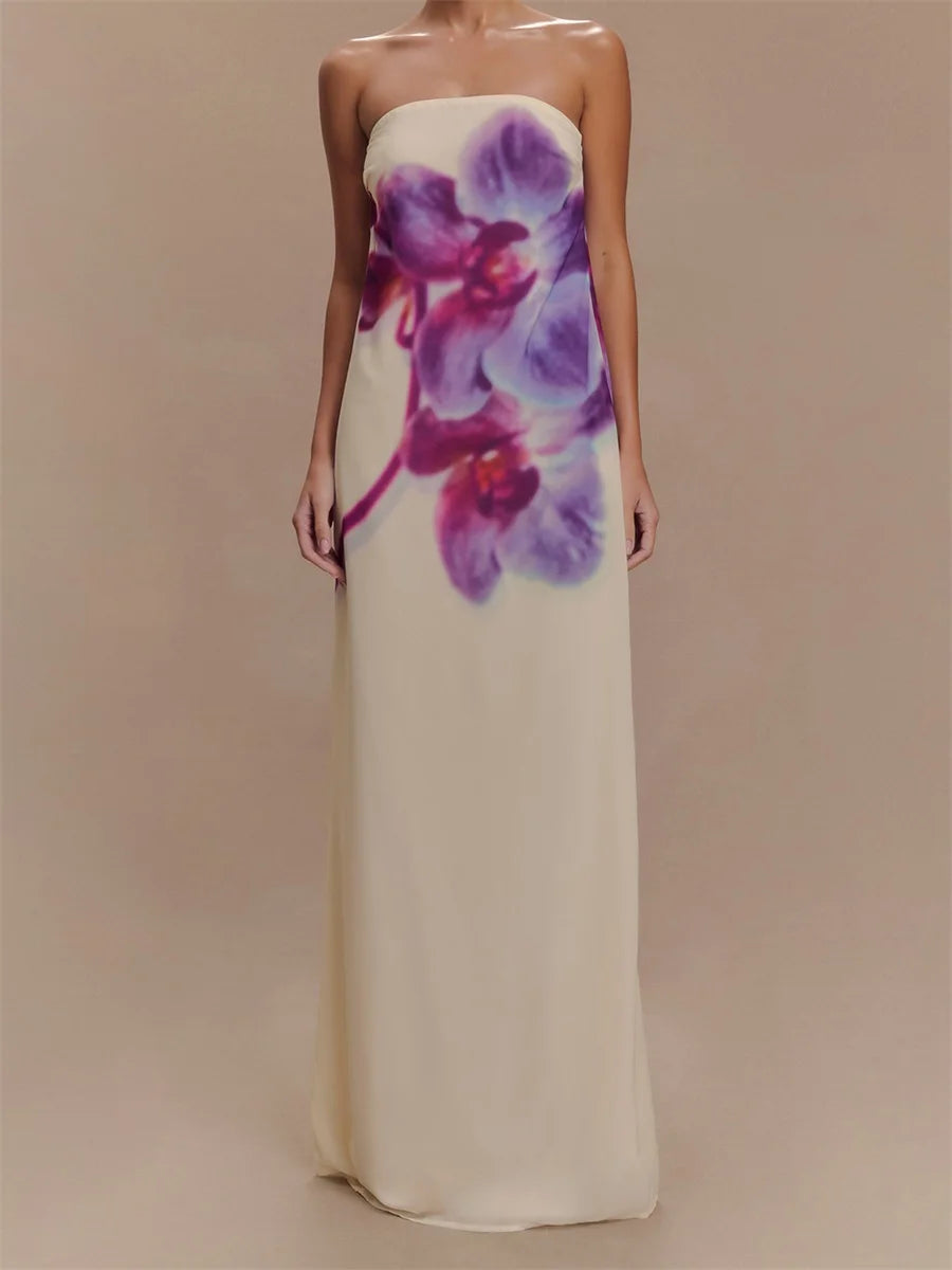 Women Long Dress Floral Print Tube Backless Casual Strapless Dress