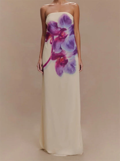 Women Long Dress Floral Print Tube Backless Casual Strapless Dress