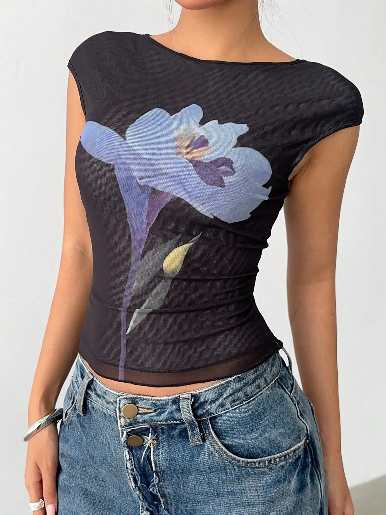 Black Floral Mesh Crop Top for Women, Sheer Sleeveless Summer Shirt