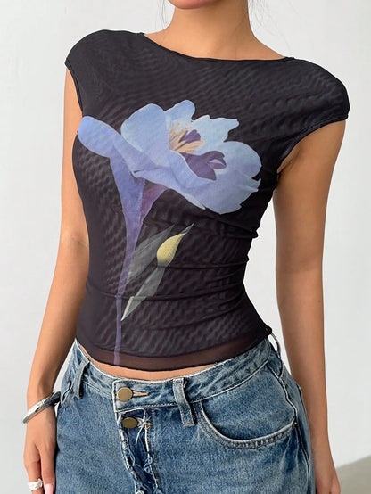 Black Floral Mesh Crop Top for Women, Sheer Sleeveless Summer Shirt
