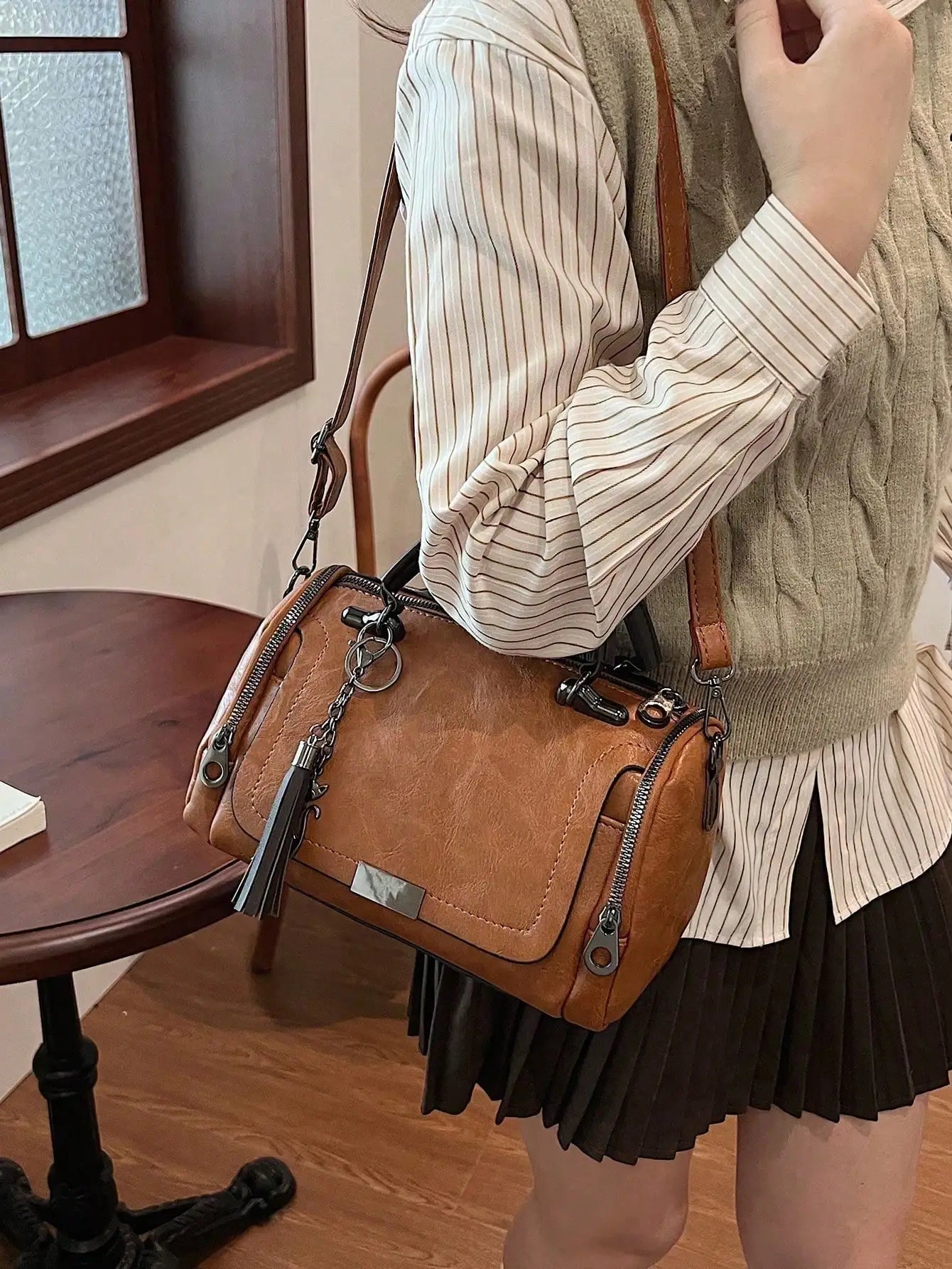 Leather Top-Handle Bag with Detachable Strap