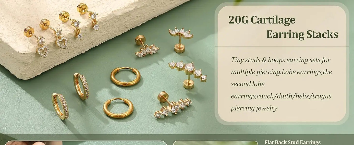 11 Pairs Flat Back Earrings for Women-20G Surgical Stainless Steel Stud and Hoop Earring