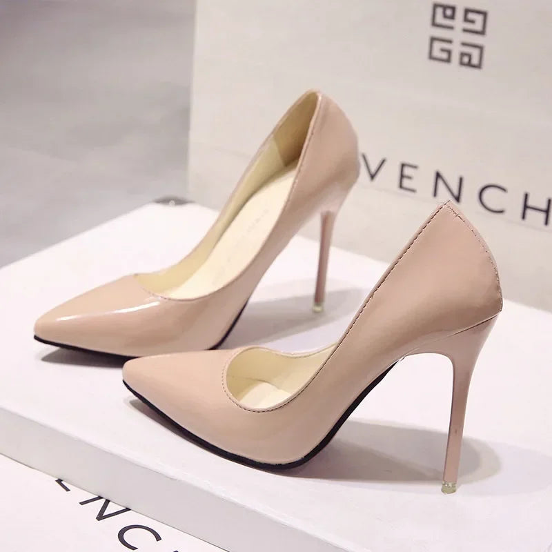 Nude Pumps Patent Leather Sexy Pointed Toe Thin Heel
