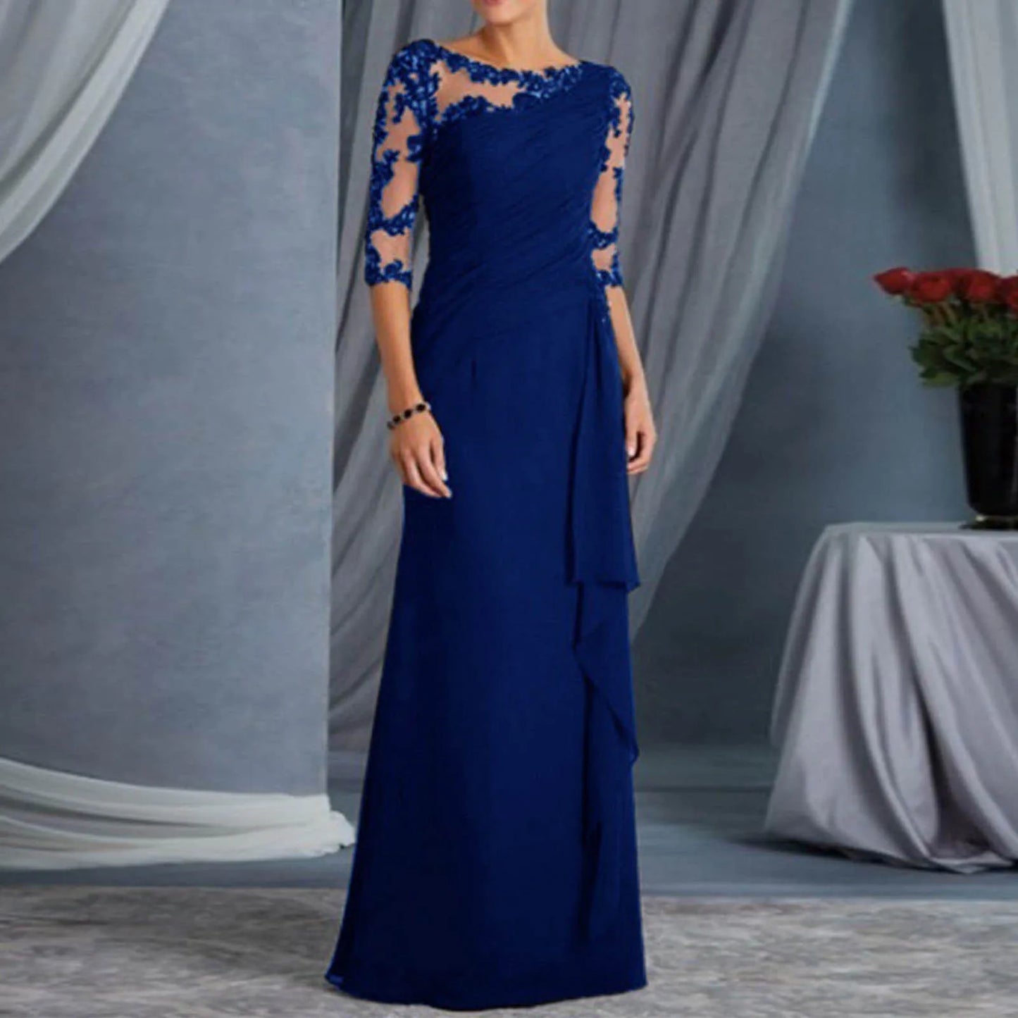 Women Elegant Lace Long Dress Sexy See Through Round Neck Mid Sleeve Dress Solid Color