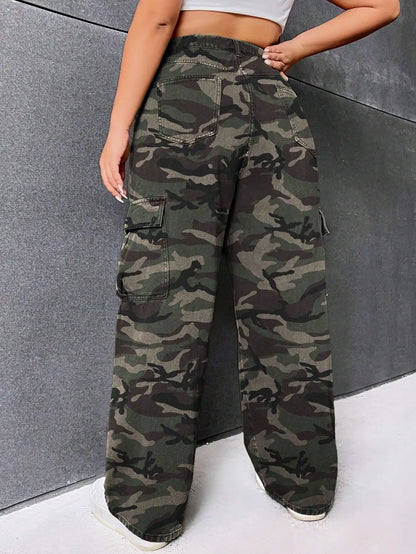 Plus Size Camo Print Wide Leg Cargo Jeans for Women