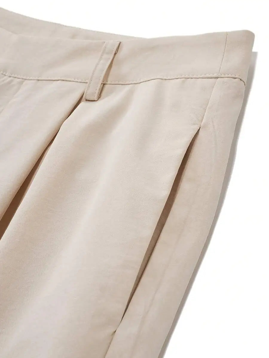 Women's Beige High Waist Straight Leg Pleated Trousers