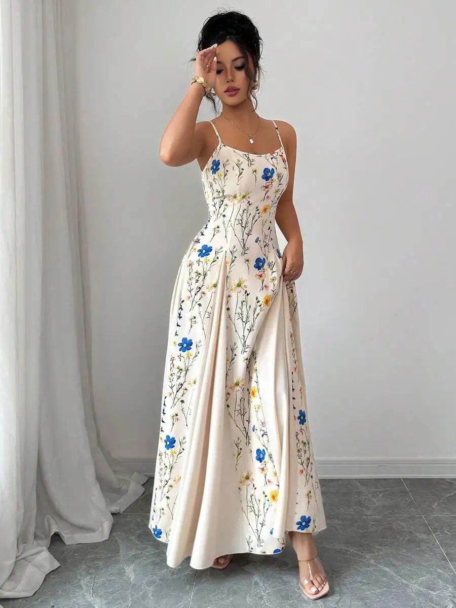 Elegant Cream Floral Print Sleeveless Maxi Dress for Spring Summer