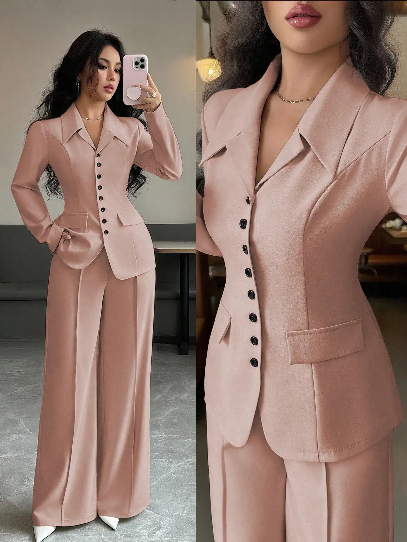 Cream Solid Color Tailored Blazer & Wide Leg Pants 2-Piece Set, V-Neck, Contrast Buttons,