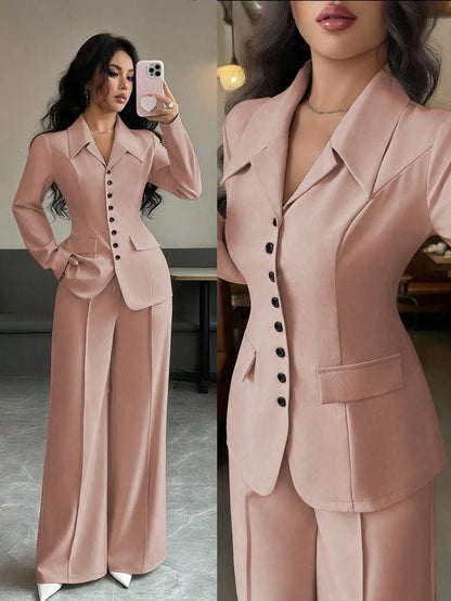 Cream Solid Color Tailored Blazer & Wide Leg Pants 2-Piece Set, V-Neck, Contrast Buttons,