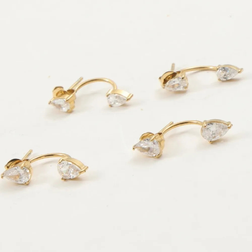 Front and Back Ear Waterdrop Zircon C-shaped, Stainless Steel Earring
