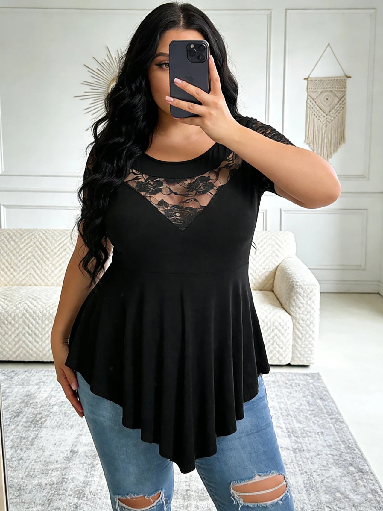 Women’s Plus Size Lace Panel Tunic short Sleeve Asymmetric Hem Flowy Blouse