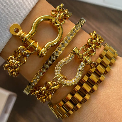 1PC Luxury Gold& Silver Horseshoe Bracelet, Chunky, Stainless Steel Bracelet