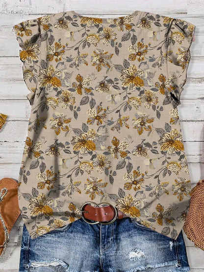 Women's V-Neck Floral Print Button-Up Blouse, Loose Fit, Lightweight