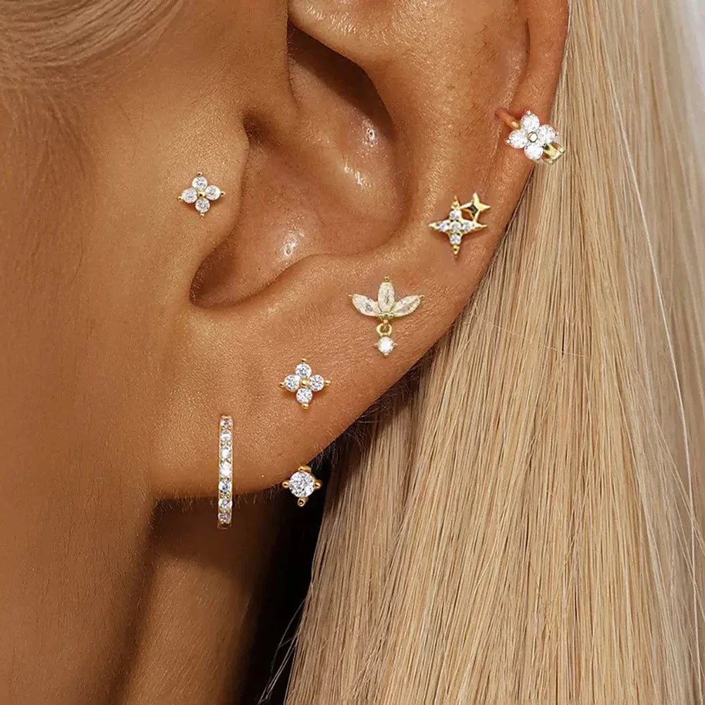 6PCS Fashion Cute Zircon Flower Ear Stud 18K Gold Plated Star Ear Stud Earrings