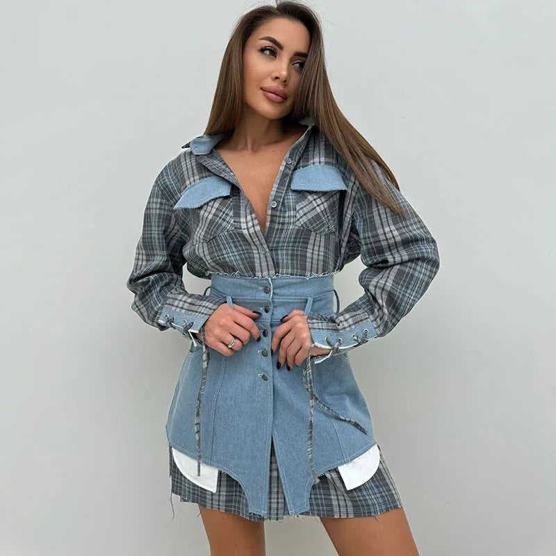 Lapel Color Blocked Shirt Waist Cinching Irregular Hem Short Skirt Set Woman Loose Long Plaid Shirt Patchwork Women Denim Suits
