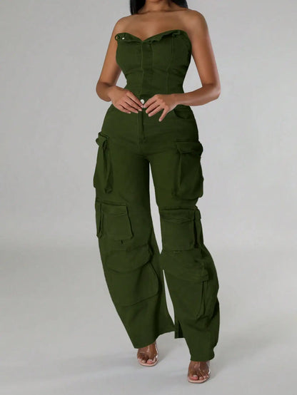 Olive Green Cargo Jumpsuit for Women, High Waist Wide Leg Denim with Multiple Pockets