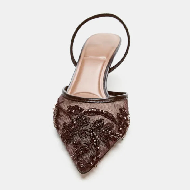 Brown String Bead Mesh Embroider Slingback High Heels Sexy Pointed Toe