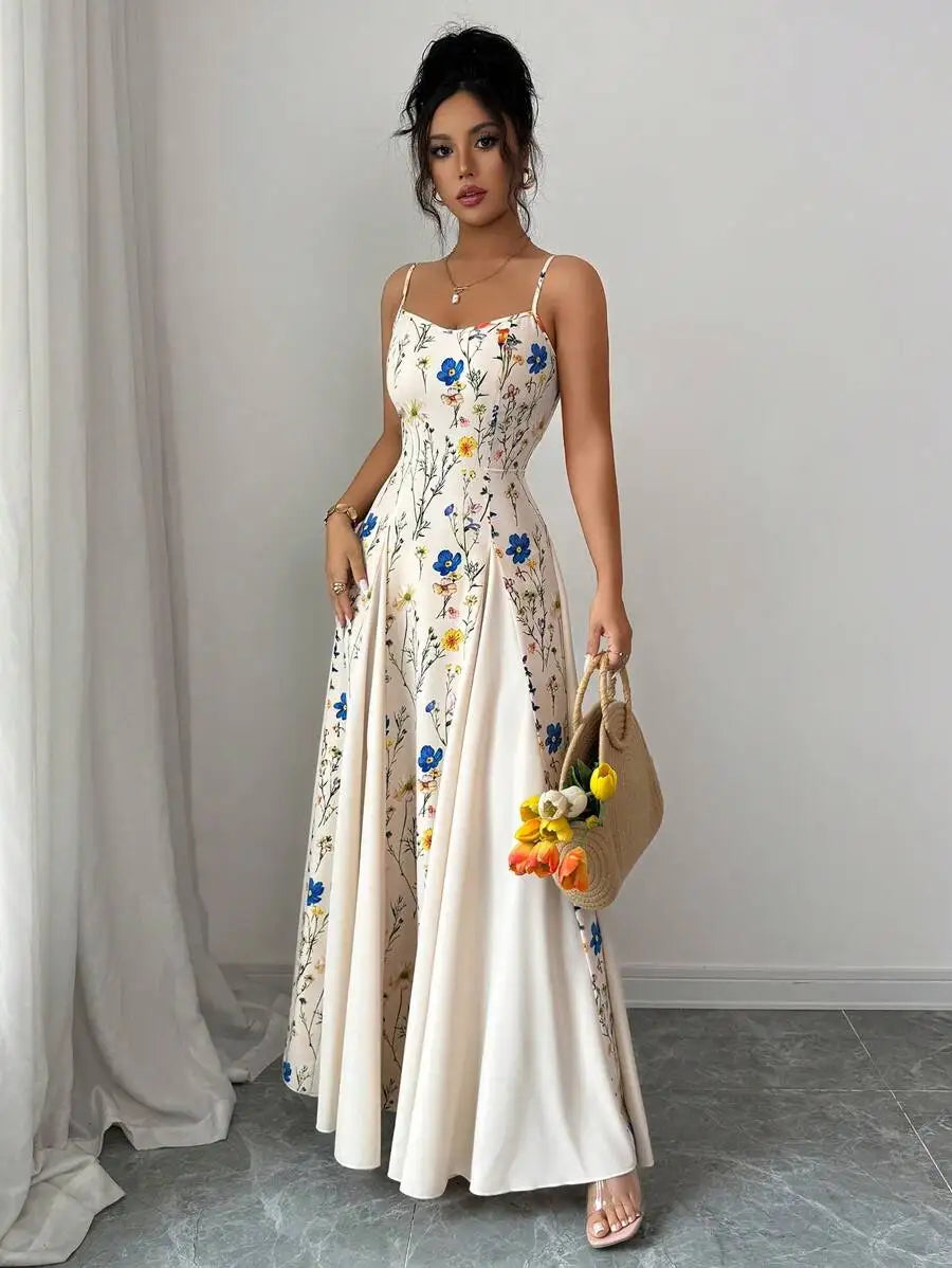 Elegant Cream Floral Print Sleeveless Maxi Dress for Spring Summer