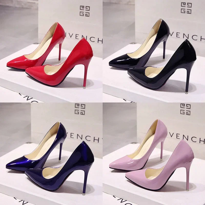 Nude Pumps Patent Leather Sexy Pointed Toe Thin Heel