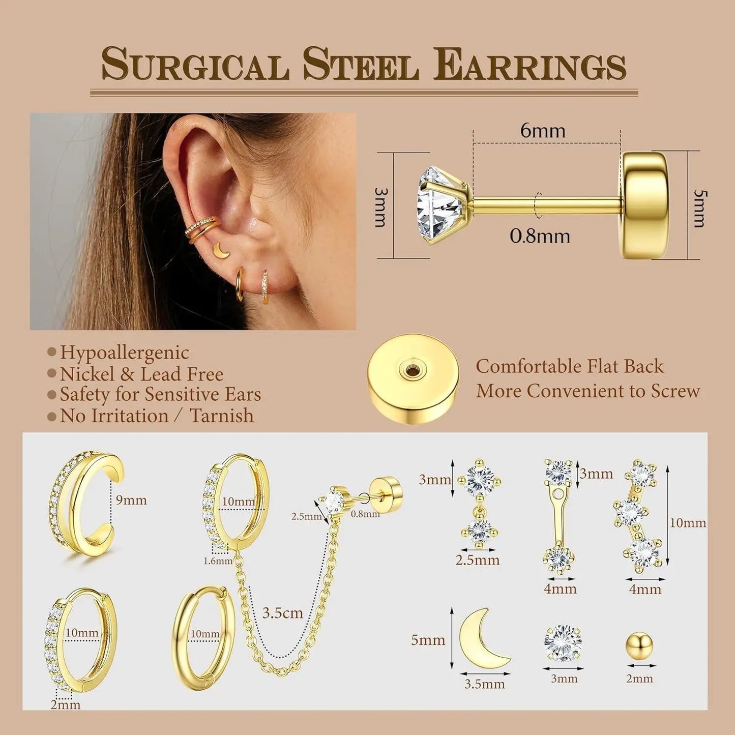 10 Pairs Hypoallergenic 20G Surgical Steel Flat Back Stud Earrings